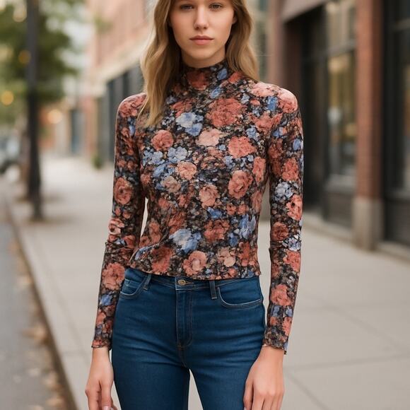 Dealmore Women’s Small Floral Mesh Long Sleeve Lined Mock Neck Top Boho Y2K - Picture 1 of 5